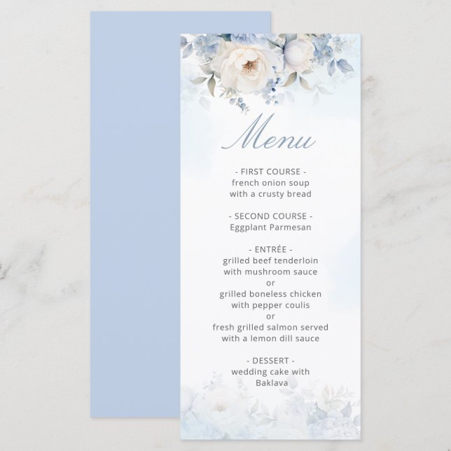 Menu Elégante aquarelle bleu Dusty Floral Mariage (Devant / Derrière)