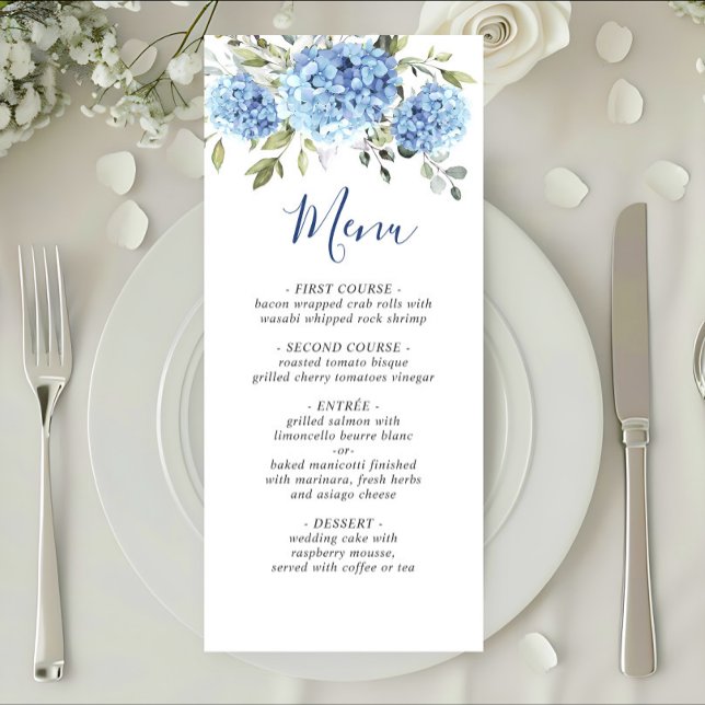 Menu Elégante aquarelle bleu Hydrangea Mariage (Créateur téléchargé)