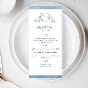 Menu Elégante Aquarelle bleu Monogram, Mariage