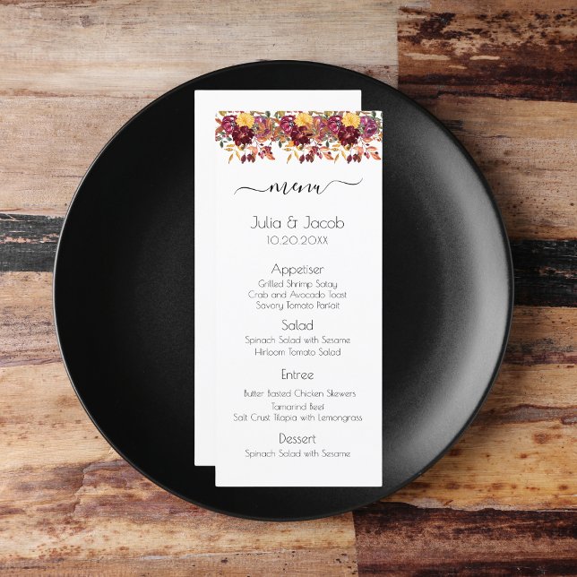 Menu Elégante aquarelle d'automne Mariage Floral (Elegant Autumn Watercolor Floral Wedding Party Supplies)