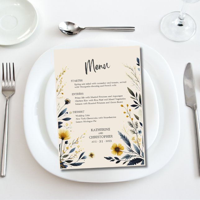 Menu Elégante aquarelle Fleur sauvage Mariage beige Men (Elegant Wildflowers Wedding Reception Menu with Blue and Yellow Wildflowers.)