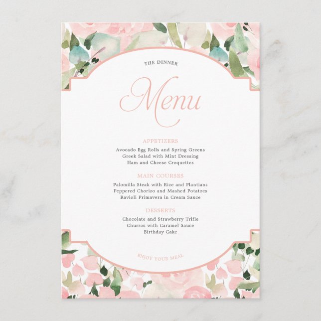 Menu Elégante aquarelle florale Blush Pink Party (Devant)