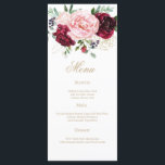 Menu Elégante aquarelle florale moderne<br><div class="desc">Notre carte de menu Burgundy Blush et mariage d'or est parfaite pour un mariage élégant. Le design romantique moderne présente des fleurs d'aquarelle romantiques dans des tons doux de prune, bordeaux, rose roux et blanc crème avec des accents d'or et de verdure. Ce menu peut être utilisé pour une réception...</div>