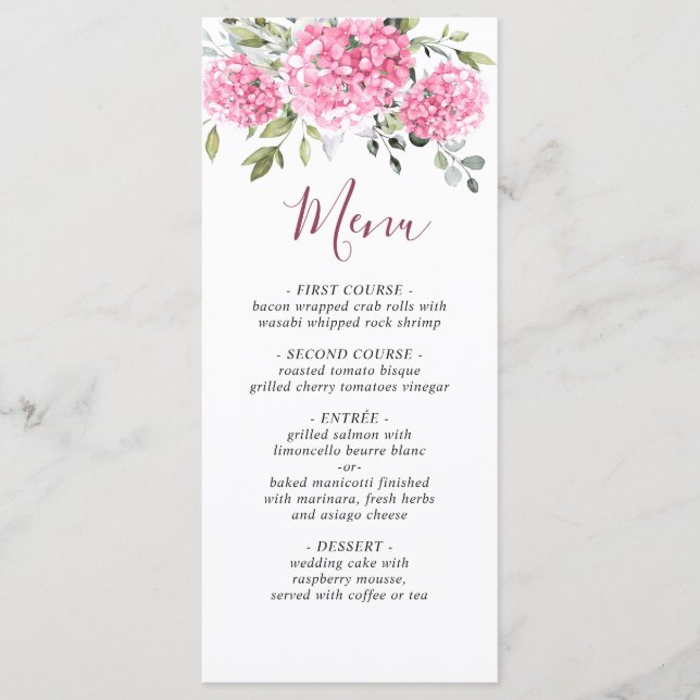 Menu Elégante aquarelle rose bleu Mariage Hydrangea (Devant)