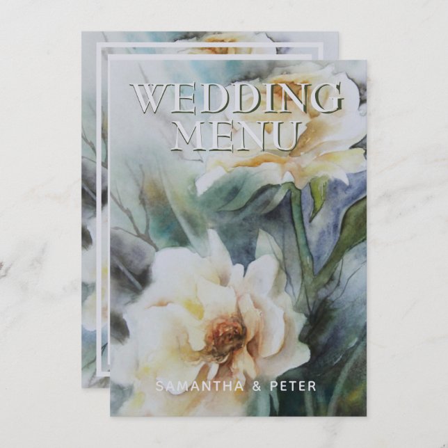 Menu Elégante aquarelle Rose Crème et Sage Green (Devant / Derrière)