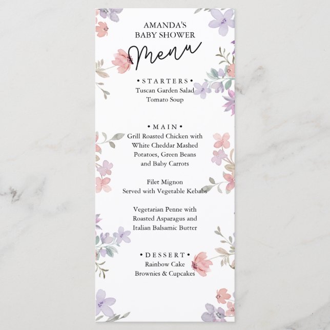 Menu Élégante Baby Shower Fleurs Sauvages  (Devant)