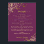 Menu Elégante Boucles d'or et Mariage de Plum magenta<br><div class="desc">Cette belle carte mariage est simple,  élégante,  raffinée et design. Il présente une élégante conception couleur cassis violet ou magenta prune avec calligraphie écriture or dentée et délicates boucles et tourbillons dorés dans les coins. Le dos est une belle couleur dorée marbrée.</div>