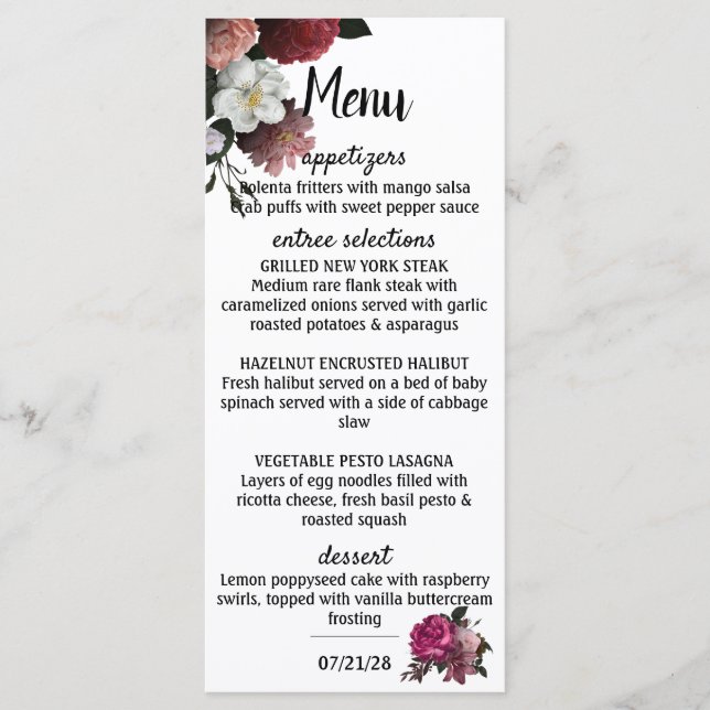 Menu Elégante Bourgogne et Fleurs roses (Devant)