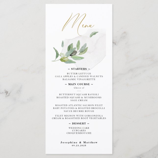 Menu Élégante branche d'olivier botanique en écriture c (Devant)