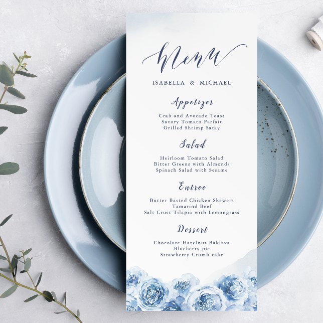 Menu Elégante calligraphie bleu aquarelle mariage flora (Elegant calligraphy blue watercolor floral wedding menu)