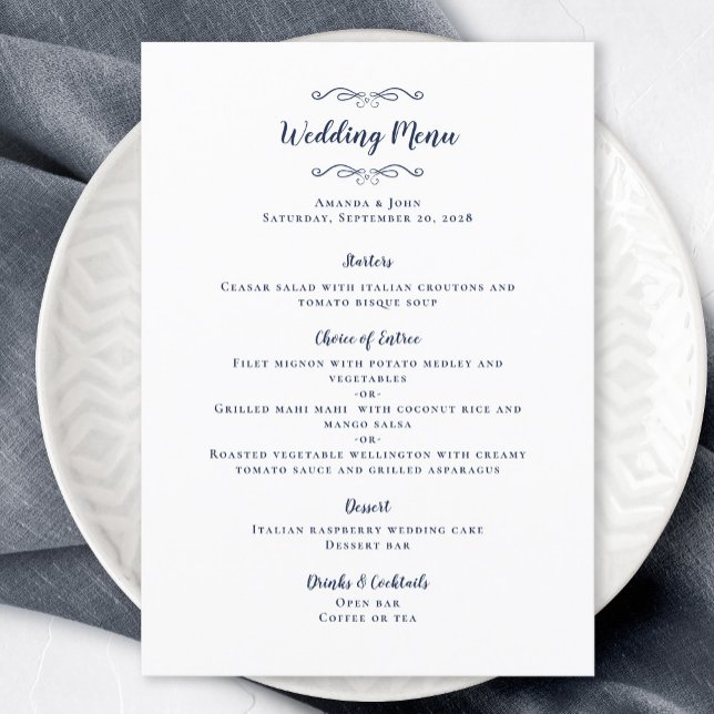 Menu Élégante calligraphie de mariage Chic Navy Blue Di (Elegant Wedding Calligraphy Chic Navy Blue Dinner Menu)