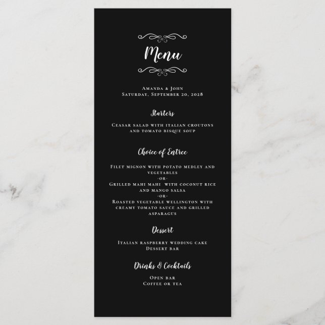 Menu Élégante calligraphie de mariage noir & blanc dîne (Devant)
