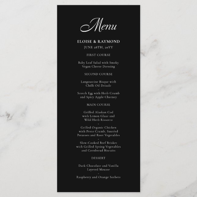 Menu Élégante calligraphie minimaliste Mariage noir (Devant)