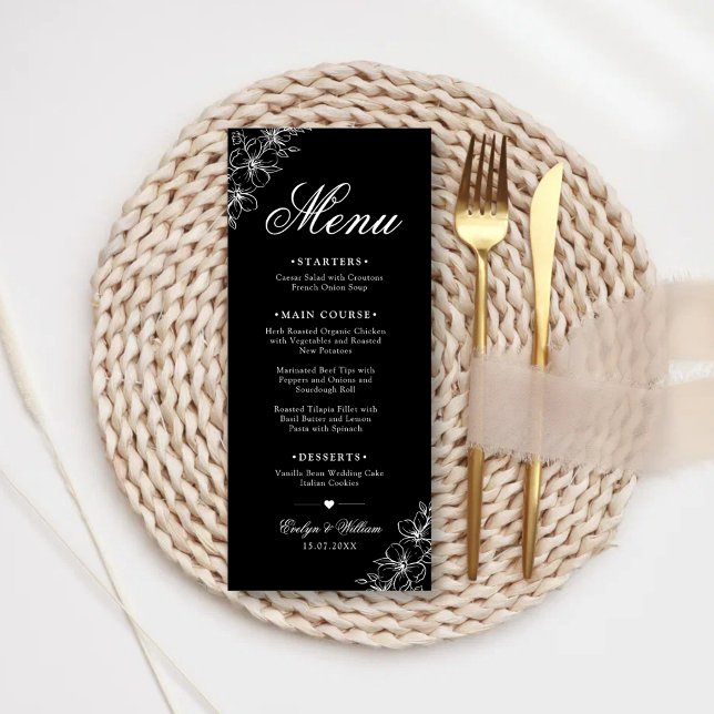 Menu Élégante calligraphie moderne florale mariage noir (Elegant black floral wedding menu with modern calligraphy and timeless elegance.)
