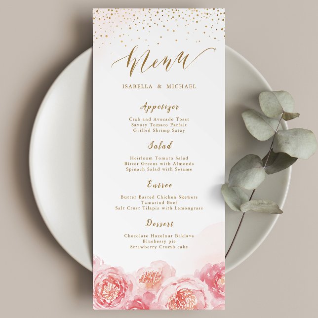 Menu Élégante calligraphie or & mariage floral roux (Elegant calligraphy gold & blush floral wedding menu)