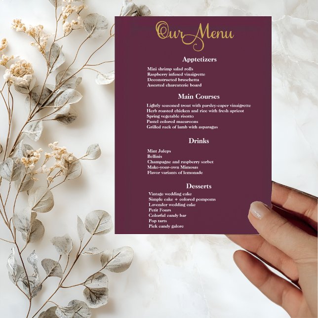 Menu Élégante calligraphie or sur le dîner Mariage viol (Créateur téléchargé)