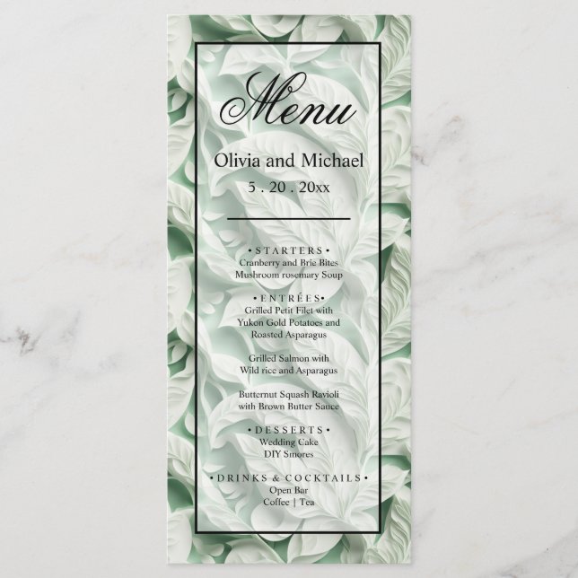 Menu Élégante calligraphie vintage feuille verte blanch (Devant)