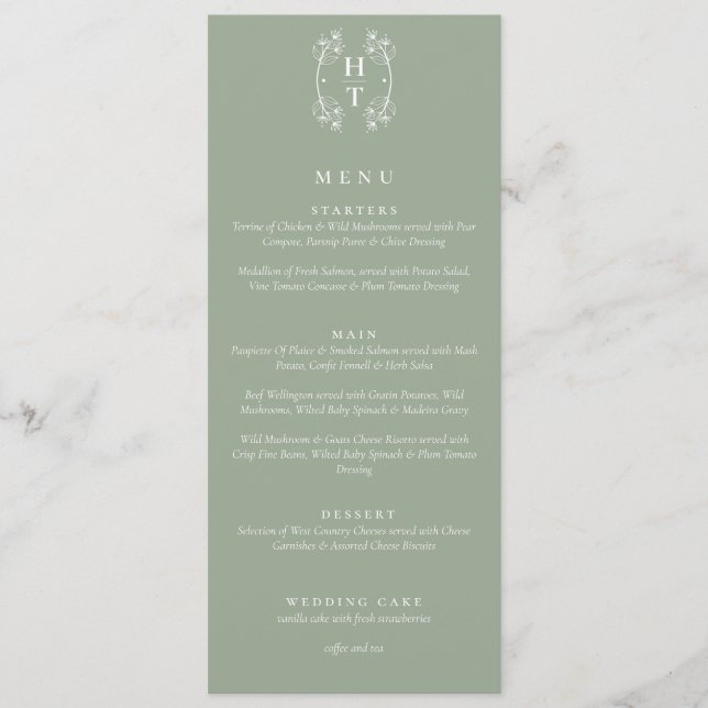 Menu Élégante crête florale Monogramme Sage Mariage ver (Devant)