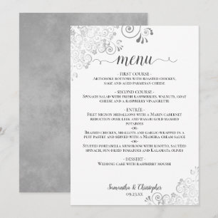 Menu Elégante dentelle argentée sur Mariage blanc chic