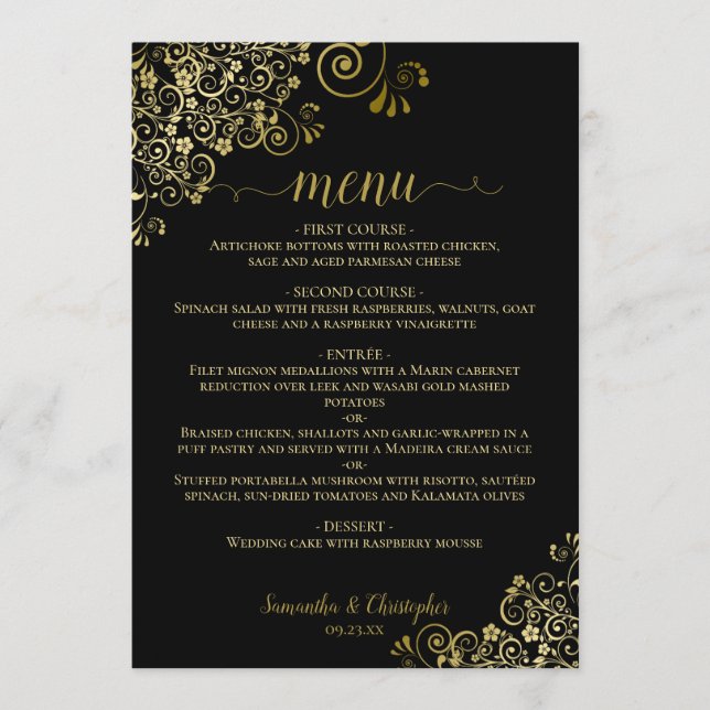 Menu Elégante dentelle d'or sur Mariage noir classique (Devant)