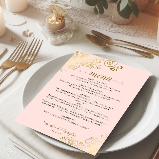 Menu Elégante dentelle d'or sur Mariage rose pâle (On Plate)