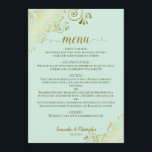 Menu Elégante dentelle d'or sur Mariage vert Mint<br><div class="desc">Cette belle carte mariage est simple,  élégante,  raffinée et design. Il dispose d'un beau design vert néo-menthe avec de la calligraphie écriture or dentée et des boucles et tourbillons délicats en or dans les coins. Le dos est une belle couleur dorée marbrée.</div>