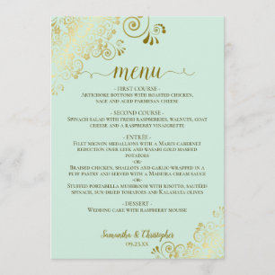 Menu Elégante dentelle d'or sur Mariage vert Mint