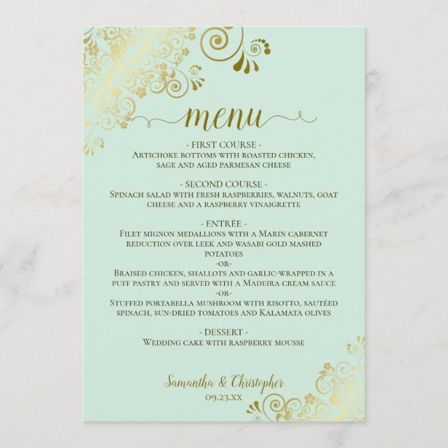 Menu Elégante dentelle d'or sur Mariage vert Mint (Devant)