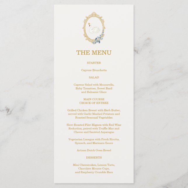 Menu Élégante Douche de Mariée Bleue et Or Damassée (Devant)