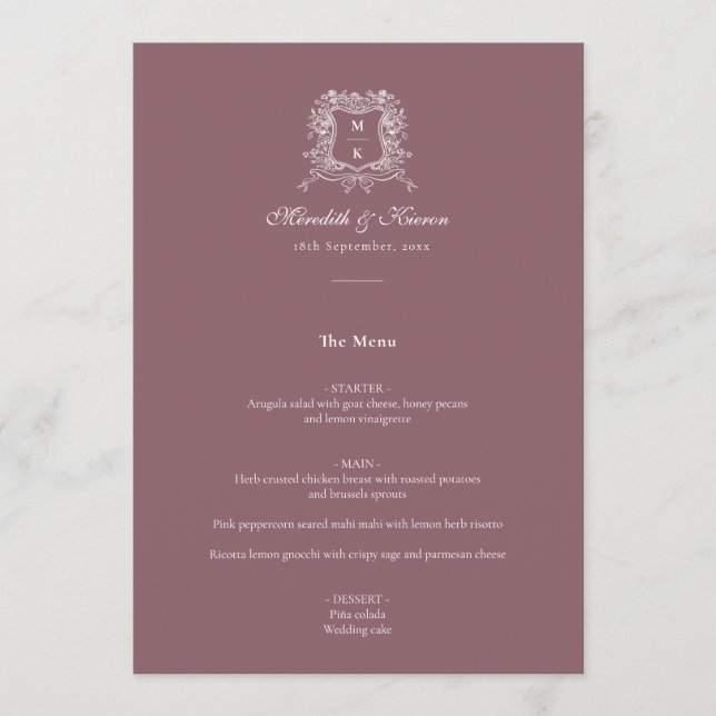 Menu Elégante Dusty Purple Vintage Crest Merci Note (Devant)