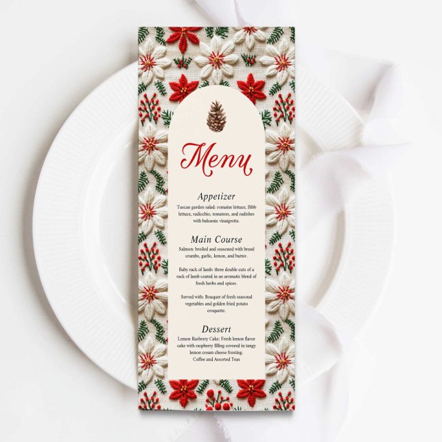 Menu Élégante fête de Noël Rouge Floral (Christmas Dinner Party Menu Card)