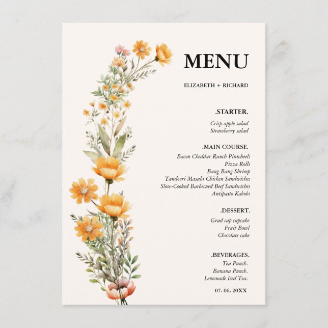 Menu Élégante Fête des mariées mariage Fleur sauvage de (Devant)