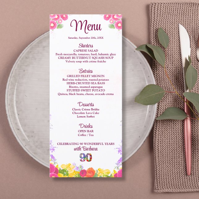 Menu Elégante Fleur 90ème anniversaire / 90 ans (Créateur téléchargé)
