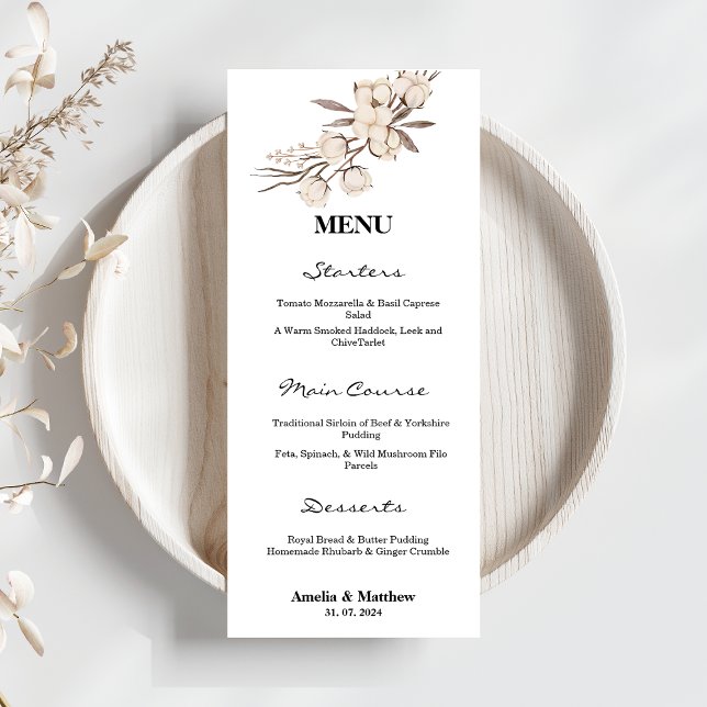 Menu Elégante Fleur de coton noir et blanc Mariage (Créateur téléchargé)