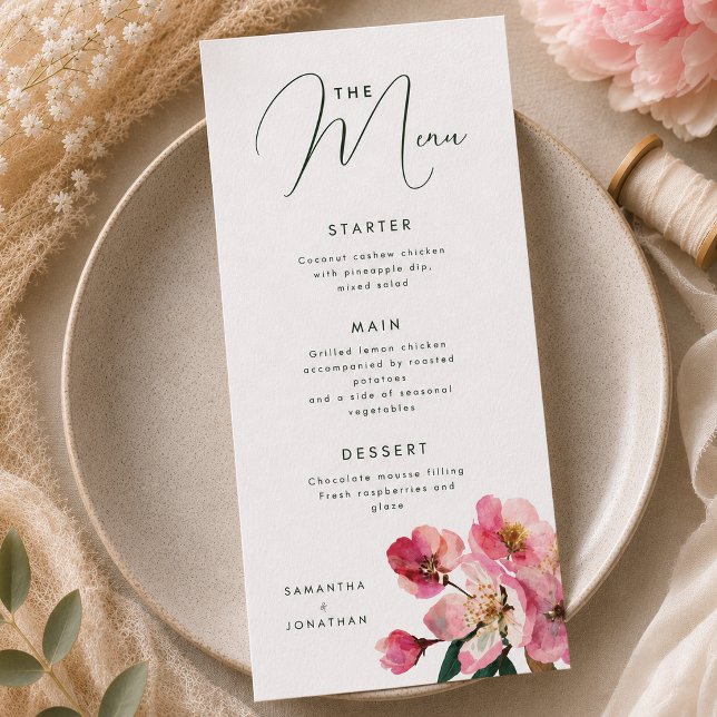 Menu Élégante Fleur de mariage rose corail à l'aquarell (Créateur téléchargé)