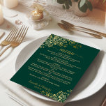 Menu Elégante frilly boucles d'or sur Mariage vert émer<br><div class="desc">Cette belle carte mariage est simple,  élégante,  raffinée et design. Il présente un élégant design vert émeraude avec une calligraphie écriture or dentée et des boucles et tourbillons délicats en or dans les coins. Le dos est une belle couleur dorée marbrée.</div>