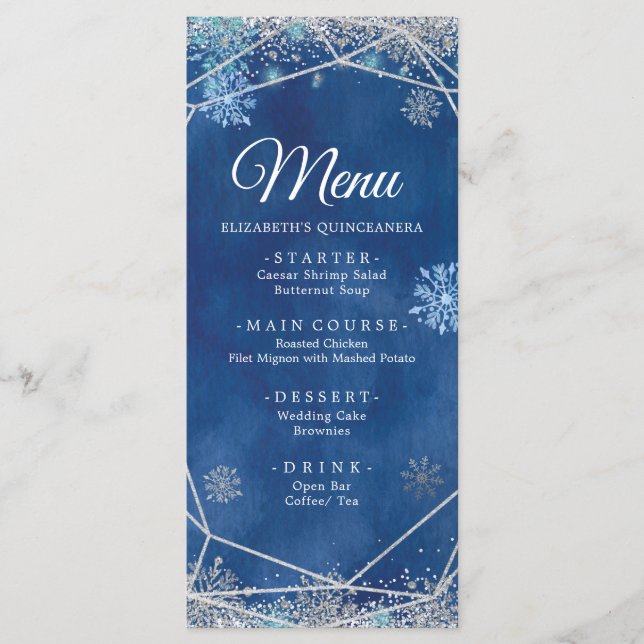 Menu Elégante Marine Silver Noël Flocon de neige XV Año (Devant)