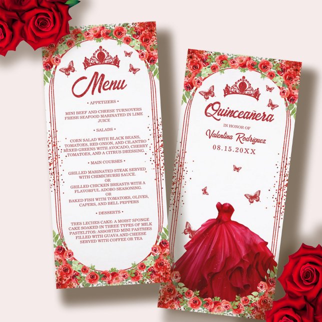Menu Elégante robe de Quinceanera à Parties scintillant (Elegant Red Glitter Floral Quinceanera Dress Menu)
