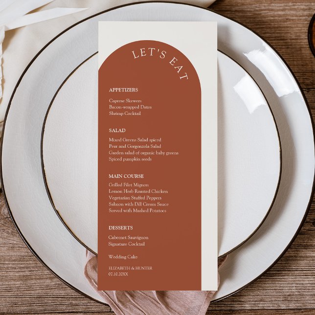 Menu Elégante Terracotta & Crème Mangeons Arc Mariage (Elegant Terracotta & Cream Let's Eat Arch Wedding Menu)