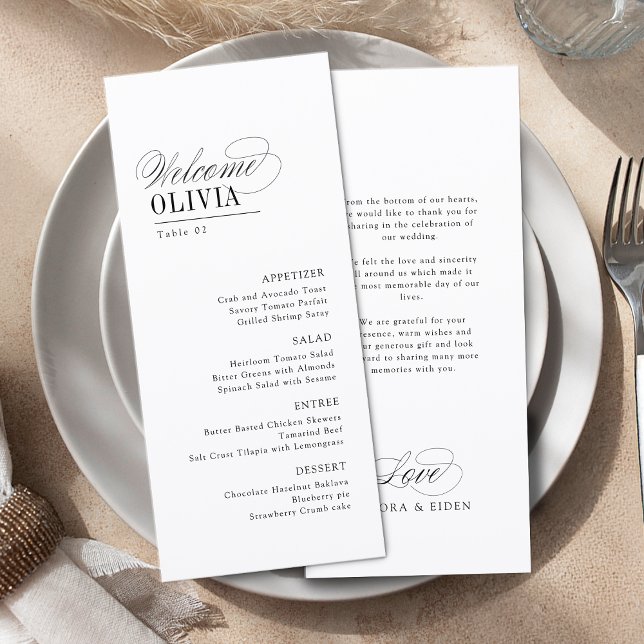 Menu Élégante Typographie Intemporelle Nom de l'invité  (Elegant Timeless Typography Guest Name Wedding Menu)