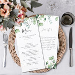Menu Elégante végétation d'eucalyptus mariage merci<br><div class="desc">Créé pour coordonner avec notre collection "Airy Eucalyptus and Gold Elegant Wedding", ce menu mariage personnalisable est parfait pour toute réception mariage élégante et élégante. Avec son bouquet contemporain et aéré de feuilles d'eucalyptus agrémenté de verdure délicate et douce et de specks dorés (imprimés), ce menu est facilement personnalisable pour...</div>
