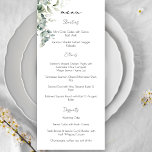 Menu Elégante verdure d'Eucalyptus<br><div class="desc">Ce design botanique unique présente une branche incurvée d'élégants feuilles d'eucalyptus à l'aquarelle avec des feuilles argentés artistiques et des fleurs sauvages blancs.</div>