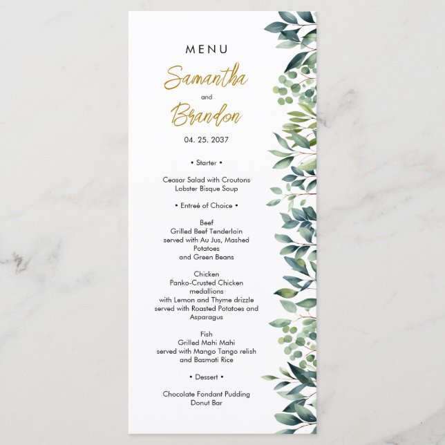 Menu Elégante verdure feuille Mariage (Devant)