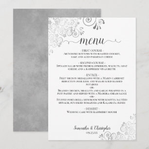 Menu Élégantes Boucles Argentées sur Mariage Chic Blanc