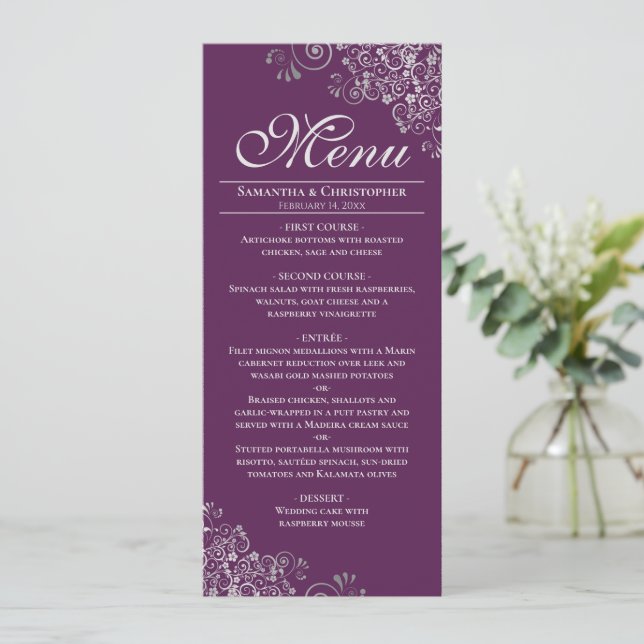 Menu Elégantes boucles d'argent sur Plum violet Mariage (Debout devant)