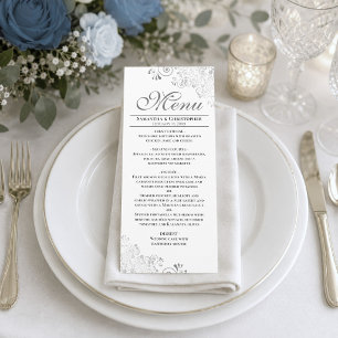 Menu Élégantes Boucles et Volutes Argentées sur Mariage