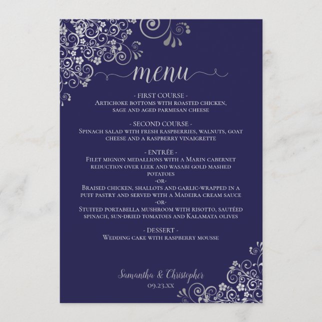 Menu Élégantes dentelles d'argent sur Mariage bleu mari (Devant)