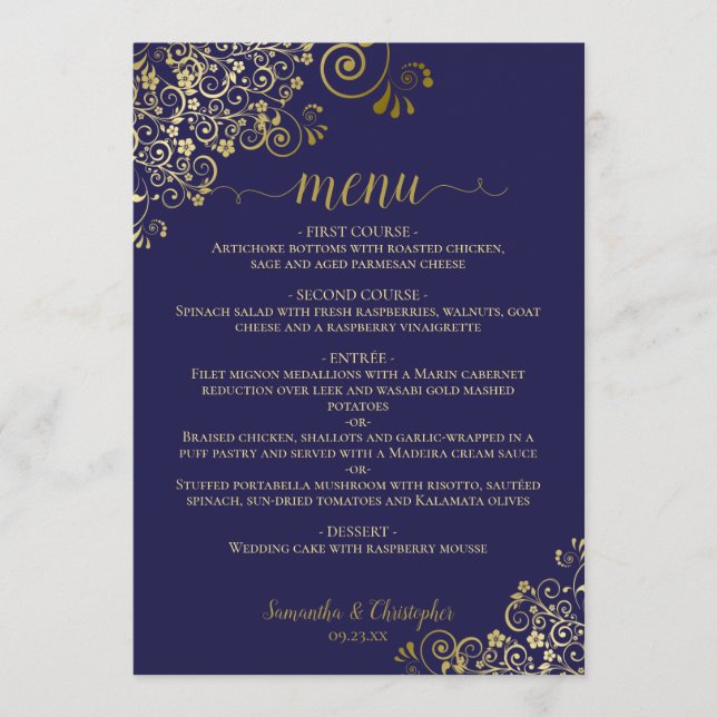 Menu Élégantes dentelles d'or sur Mariage bleu marine (Devant)