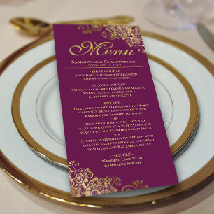 Menu Elégantes frilles d'or sur Mariage de Plum Magenta
