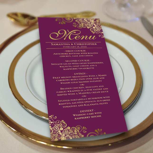Menu Elégantes frilles d'or sur Mariage de Plum Magenta (On Plate)